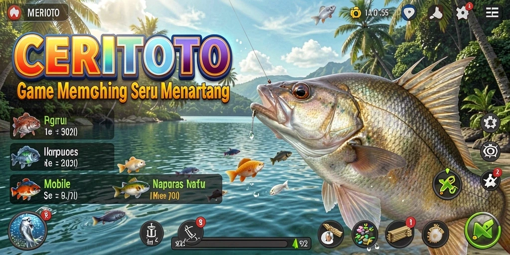 Screenshot utama CERITOTO menampilkan momen menangkap ikan di lingkungan yang indah.