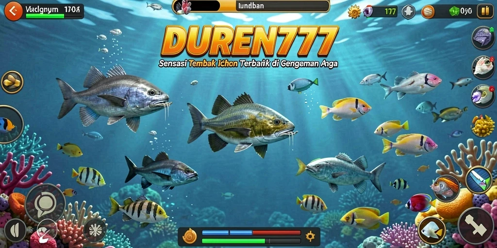 Tampilan gameplay DUREN777 menunjukkan aksi menembak ikan yang seru.