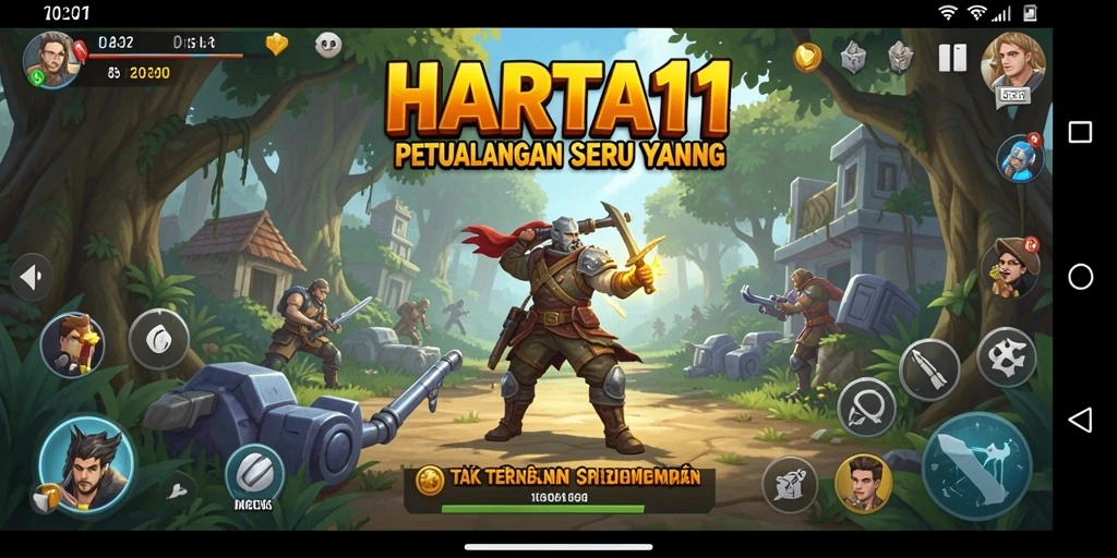 Screenshot menunjukkan pemain menjelajahi pulau misterius dalam HARTA11.