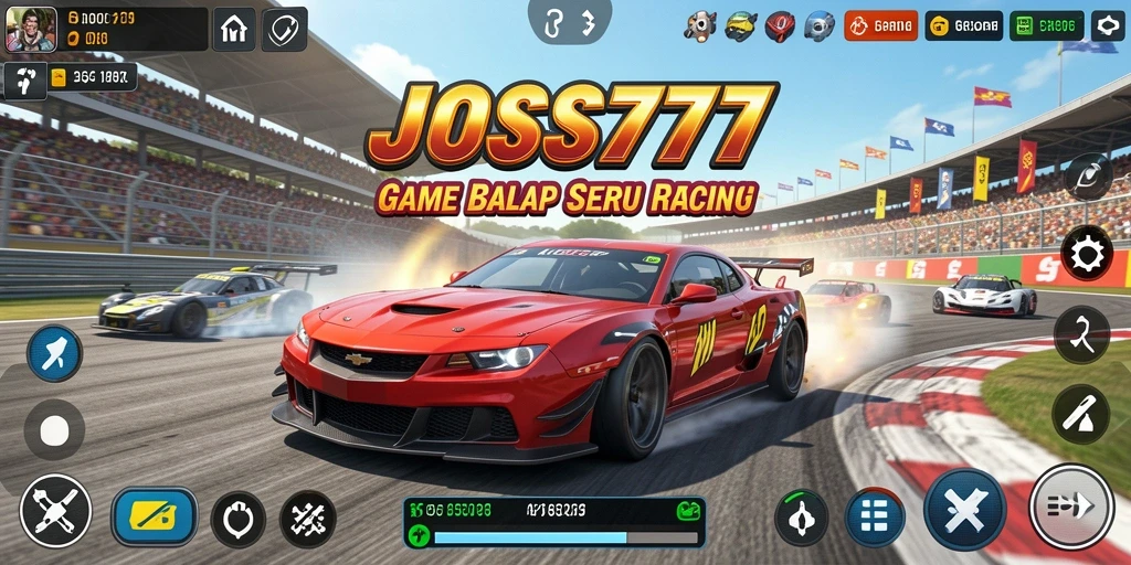 Gameplay JOSS777 menampilkan mobil balap melaju kencang di trek menantang.