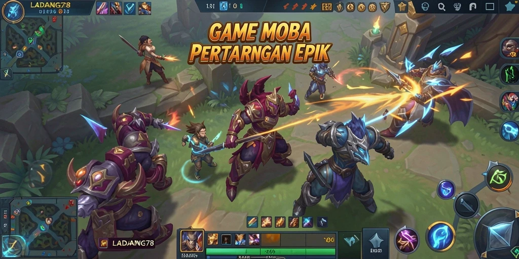 Tampilan gameplay <strong>LADANG78</strong> yang penuh aksi di arena MOBA.