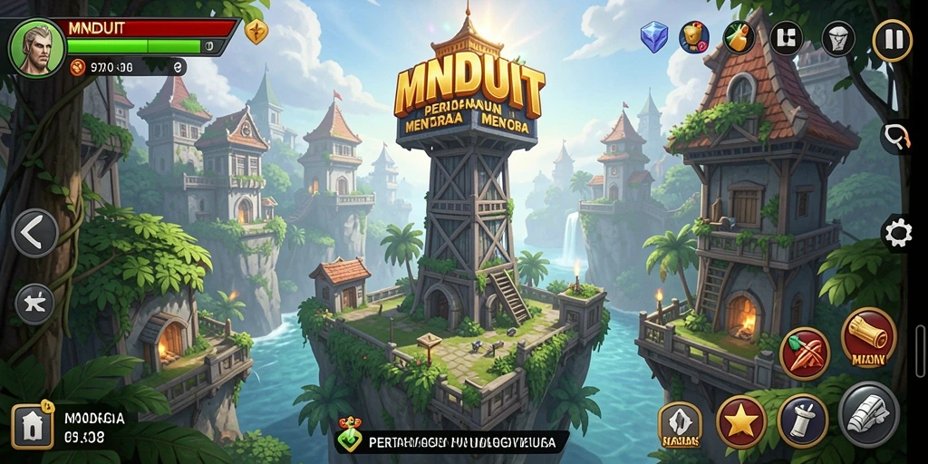 Gameplay MNDUIT dengan menara pertahanan melawan gelombang musuh.