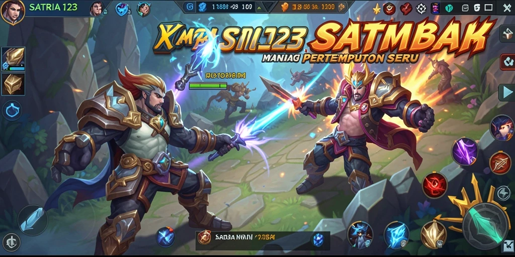 Screenshot SATRIA123 menampilkan aksi pertempuran MOBA yang intens.