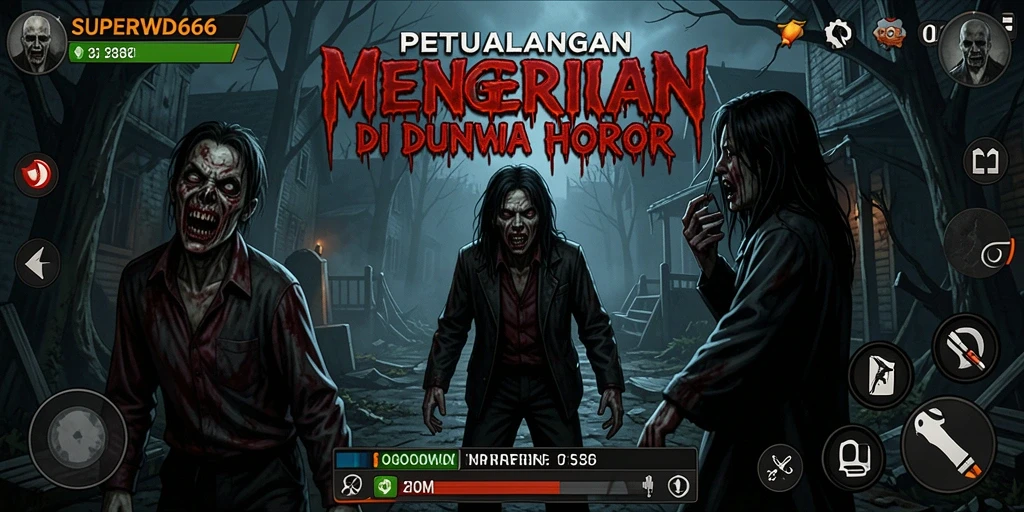 Tampilan gameplay SUPERWD666 dengan suasana menyeramkan dan monster yang mengintai.